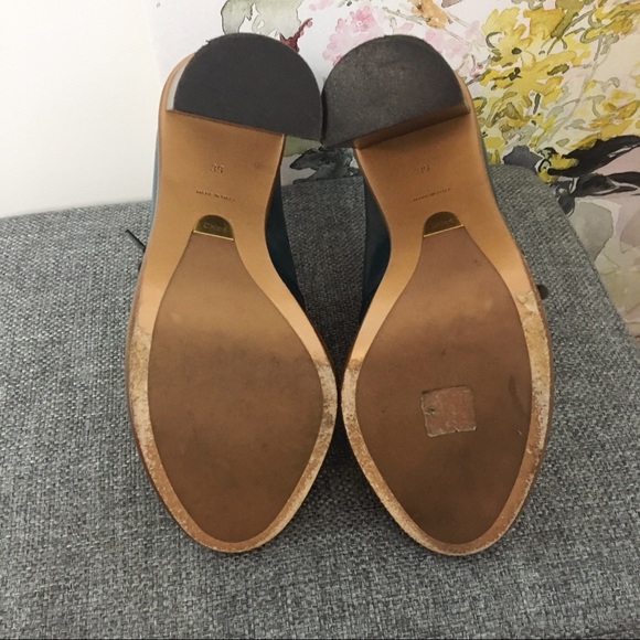 Chloe Blue Leather Brogue Block Oxford Block Heels - Picture 5 of 8